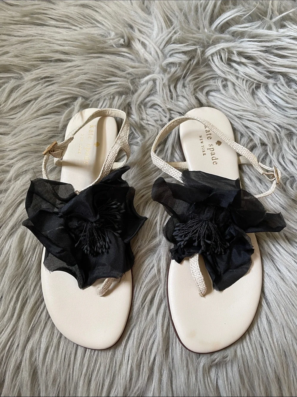 kate spade Cream Sandals with Black Floral Appliqués